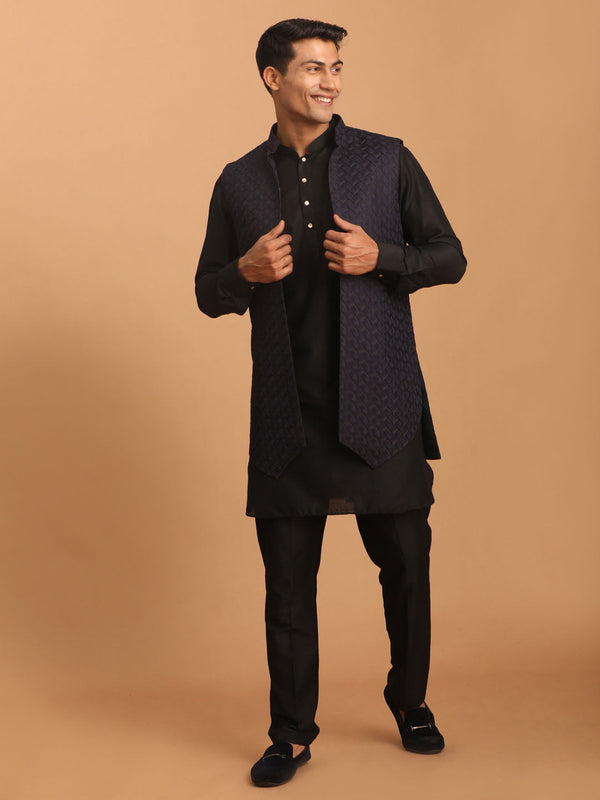 Jashvi Men's Navy Blue Jacket With Kurta Pant Set