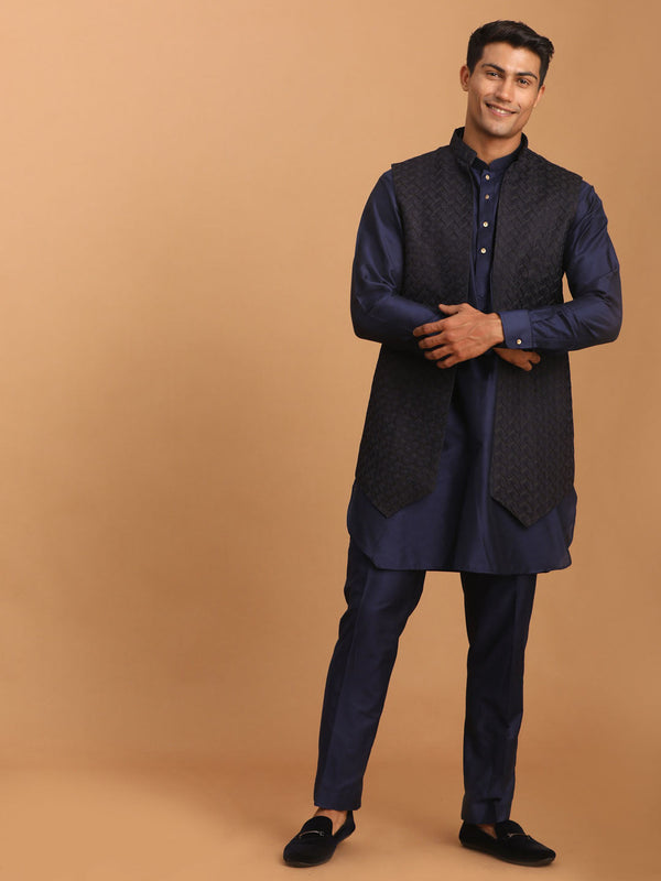 Jashvi Men's Blue Woven Jacket With Kurta Pant Set