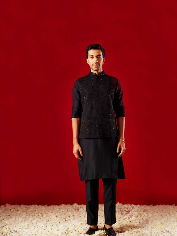 Jashvi Men's Black Jacquard Cut Dana Hand Worked Jacket And Kurta Pant Set