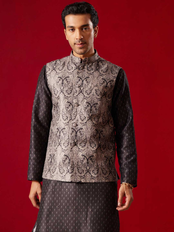 Jashvi Men's Black Jacquard Silk Blend Ethnic Jacket