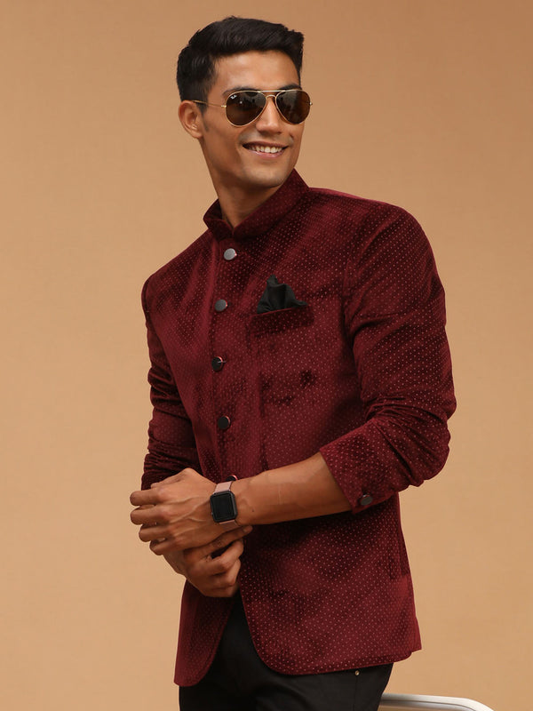 Jashvi Men's Maroon Polka Dot Printed Velvet Jodhpuri