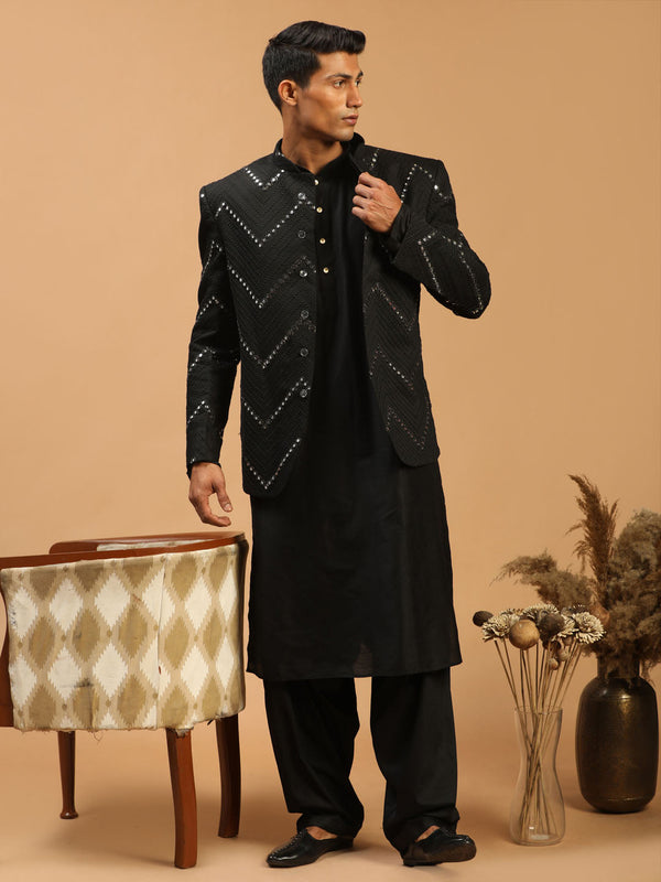 Jashvi Men's Black Mirror Jodhpuri With kurta Patiala Set