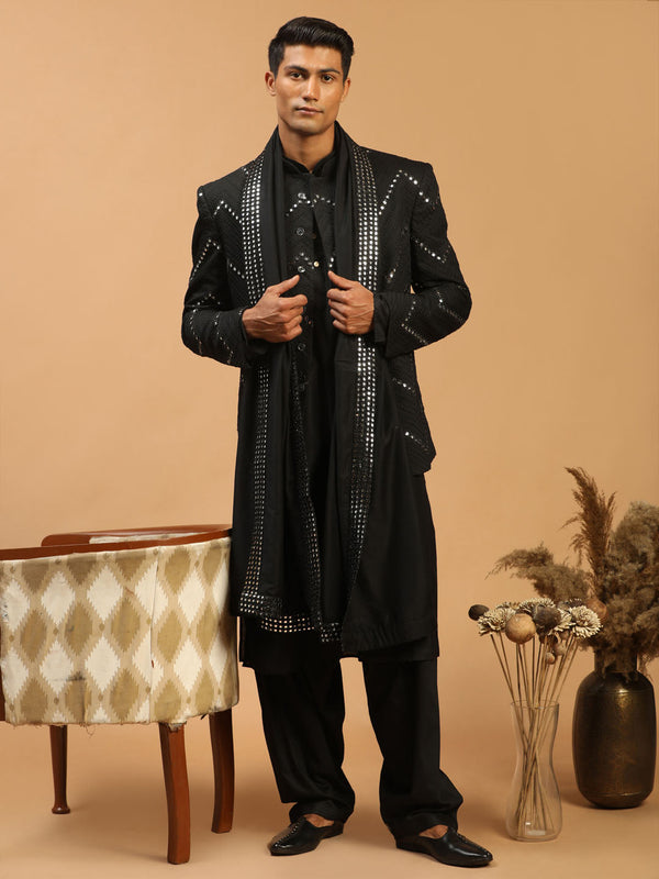 Jashvi Men's Black Mirror Jodhpuri With Kurta Patiala And Dupatta Set