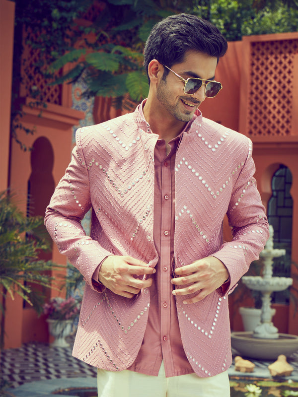 Jashvi Men's Onion Pink Mirror Jodhpuri And Shirt Set