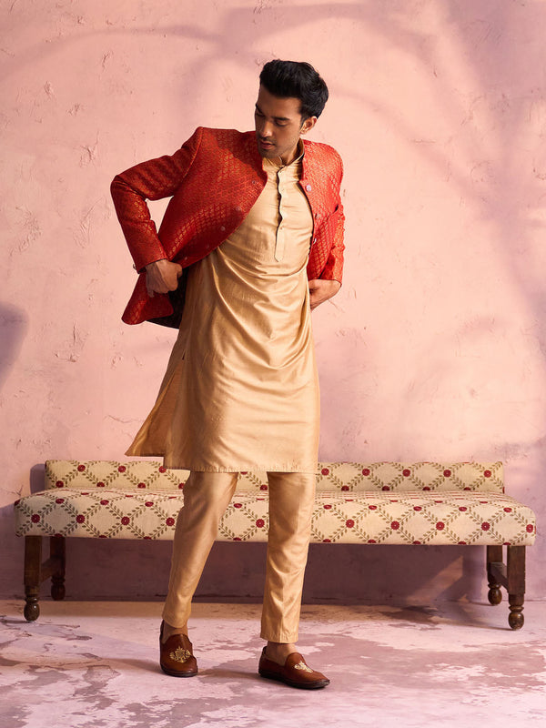 Jashvi Men's Red Banarasi Woven Jodhpuri With Plain Kurta Pant Set