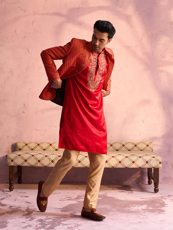 Jashvi Men's Red Banarasi Woven Jodhpuri With Embroidered Kurta Pant Set