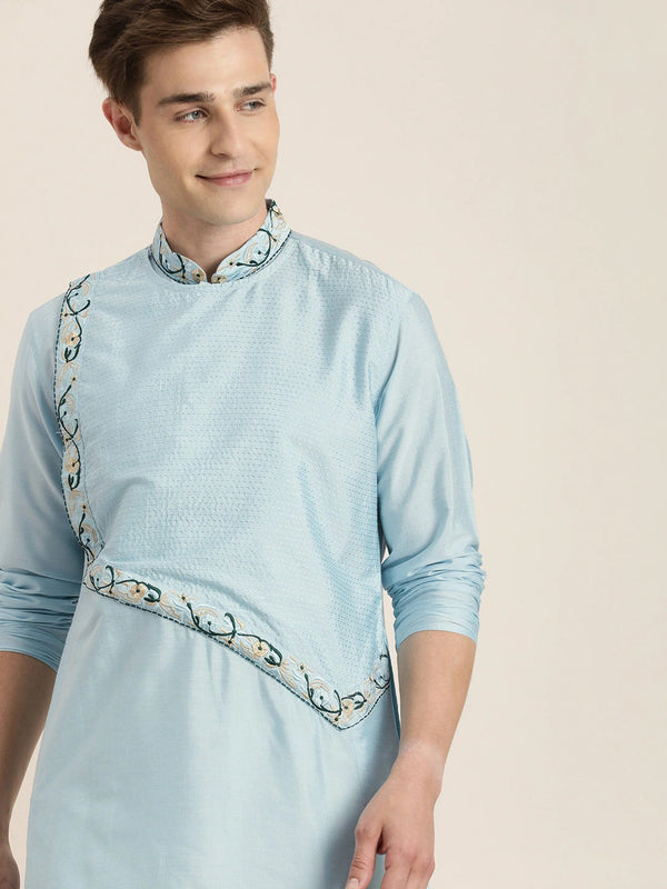 Jashvi Men's Aqua Blue Tread Work Kurta