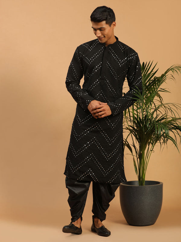 Jashvi Men's Black Mirror Kurta Dhoti Set