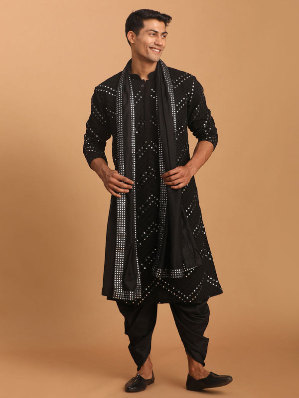 Jashvi Men's Black Mirror Kurta Dhoti And Dupatta Set