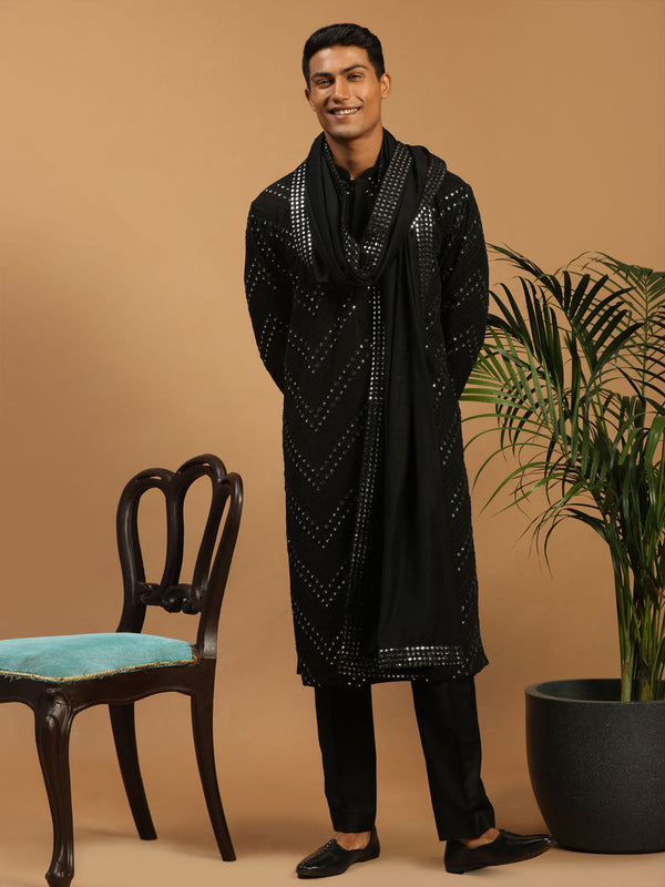 Jashvi Men's Black Mirror Kurta Pyjama And Dupatta Set