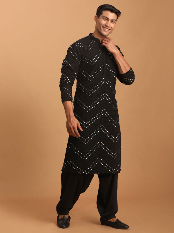 Jashvi Men's Black Mirror Kurta With Patiala Set