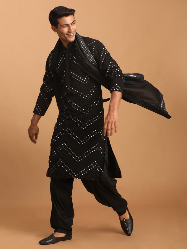 Jashvi Men's Black Mirror Kurta Patiala And Dupatta Set