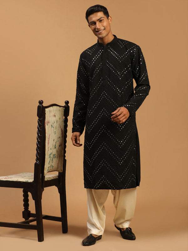 Jashvi Men's Black Mirror Kurta With Patiala Set