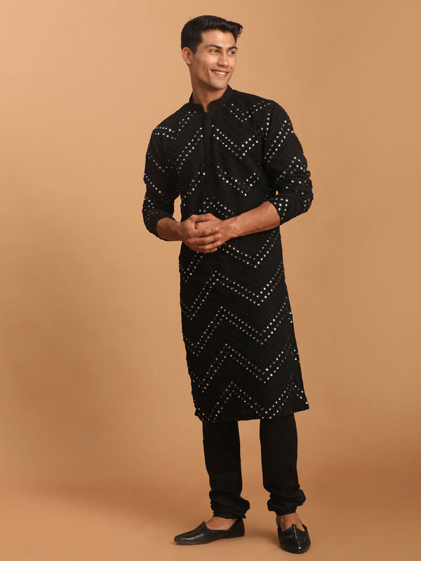 Jashvi Men's Black Mirror Kurta Pyjama Set