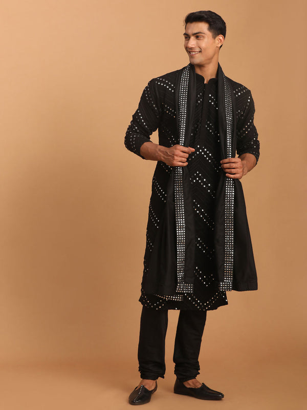 Jashvi Men's Black Mirror Kurta Pyjama And Dupatta Set