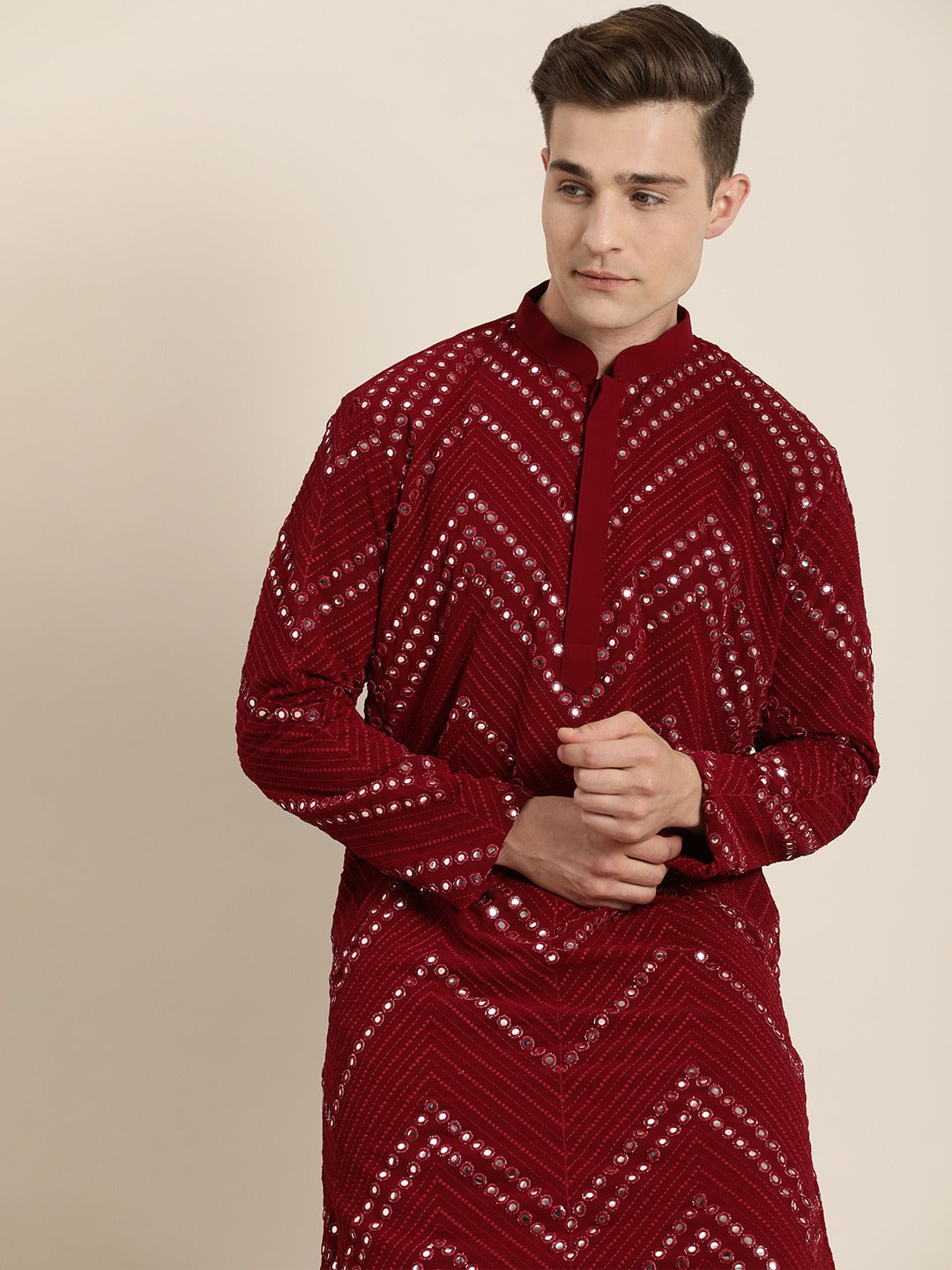 Men's Maroon Georgette Kurta - Vastramay