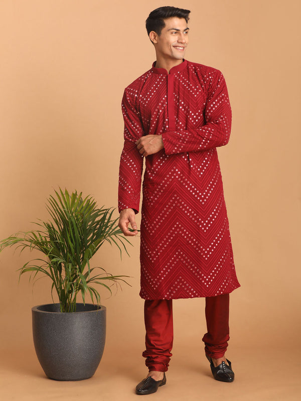 Jashvi Men's Maroon Mirror Kurta Pyjama Set