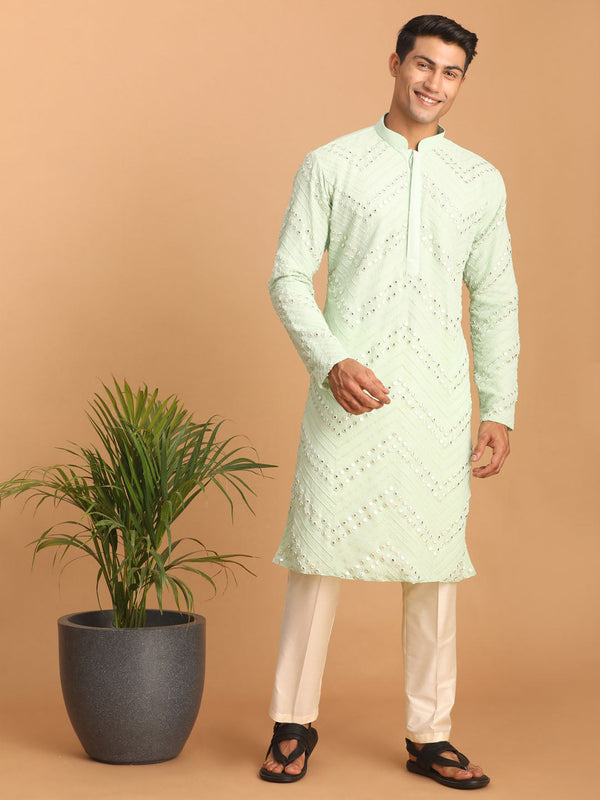 Jashvi Men's Mint Green Mirror Kurta Pant Set