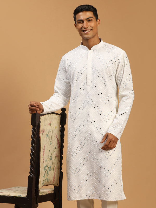 Jashvi Men's White Mirror Kurta