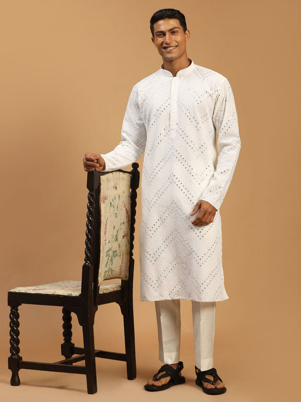 Jashvi Men's White Mirror Kurta Pant Set