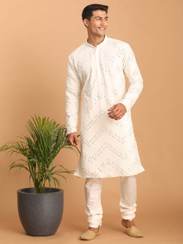 Jashvi Men's White Mirror Kurta Pyjama Set