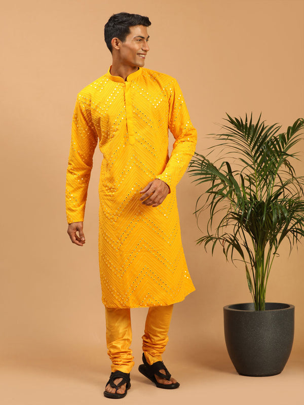 Jashvi Men's Yellow Mirror Kurta Pyjama Set