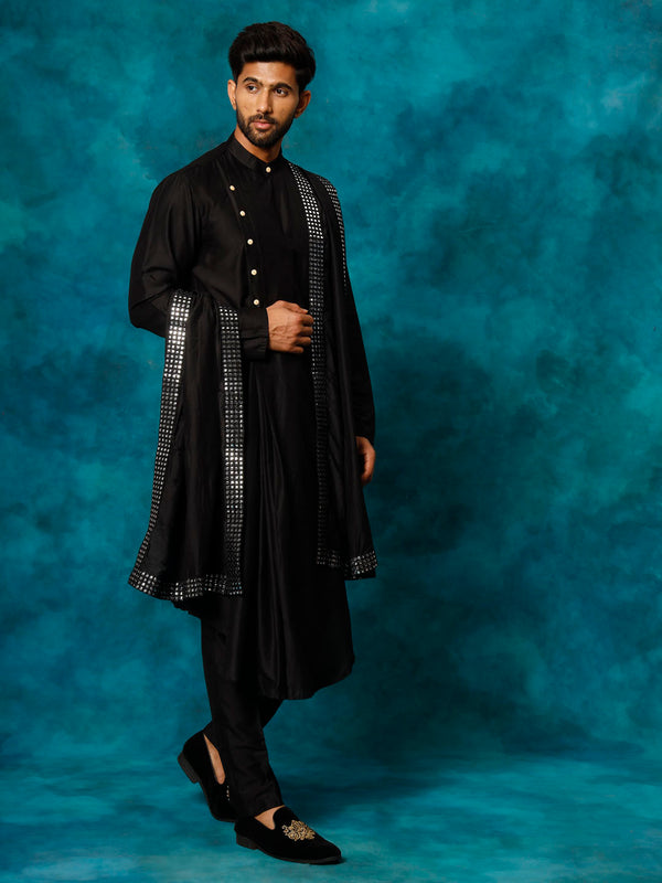 Jashvi Men's Black Pleated Kurta Pant With Dupatta Set