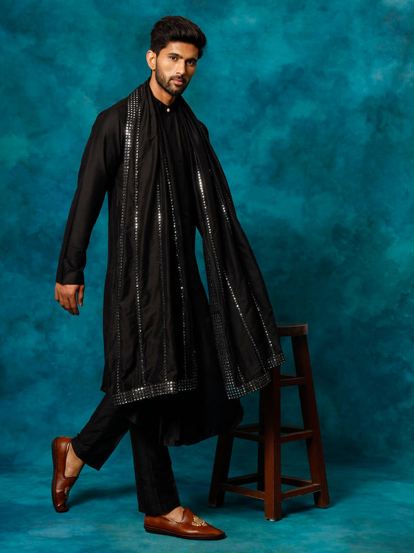 Jashvi Men's Black Pleated Kurta Pant With Dupatta Set