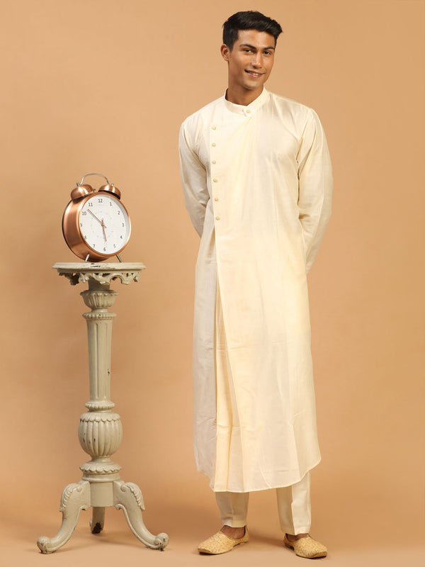 Jashvi Men's Cream Pleated Kurta With Cream Pant Style Pyjama Set