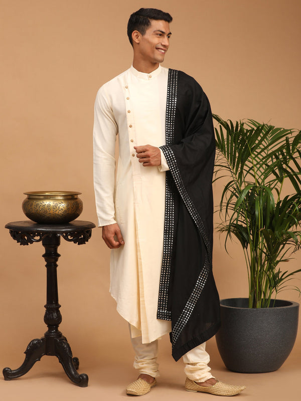 Jashvi Men's Cream Pleated Kurta And Churidar Set With Black Mirror Dupatta