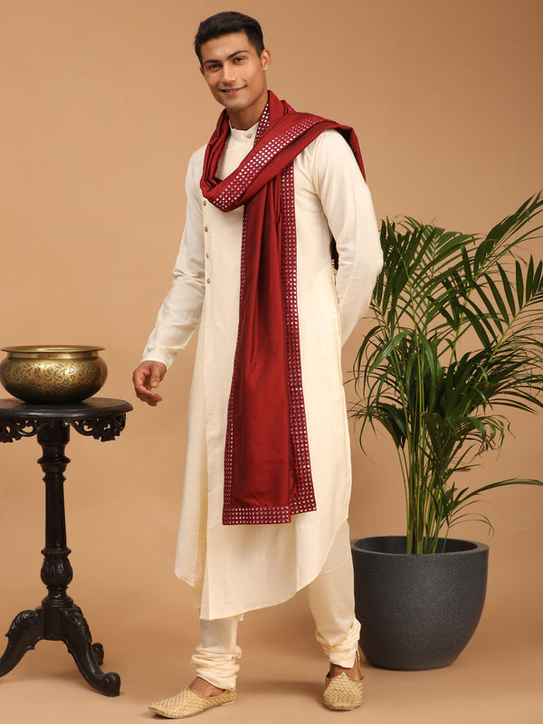 Jashvi Men's Cream Pleated Kurta And Churidar Set With Maroon Mirror Dupatta