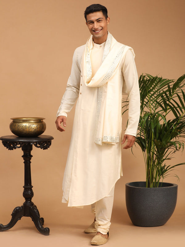 Jashvi Men's Cream Pleated Kurta And Churidar Set With Mirror Dupatta