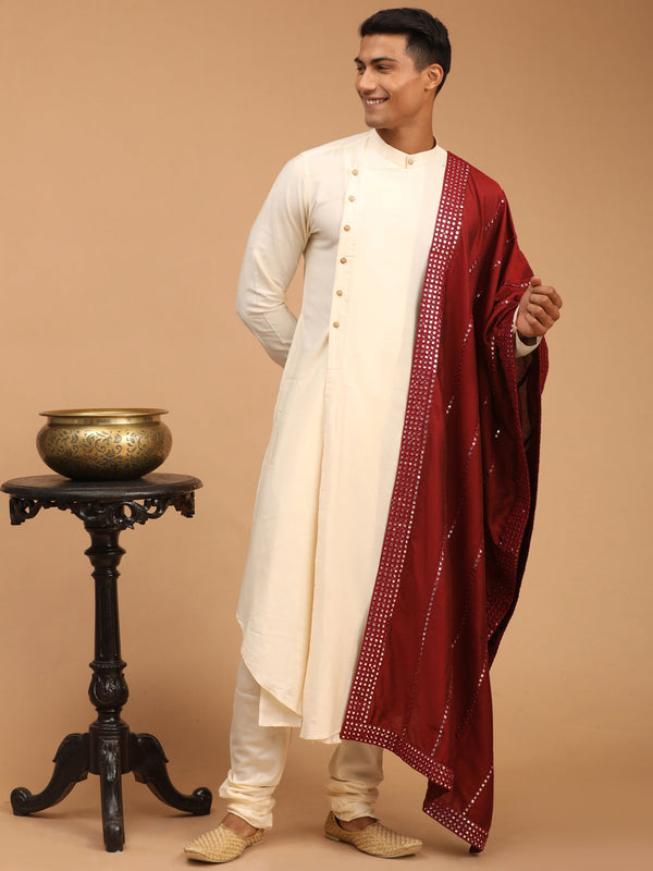 Jashvi Men's Cream Pleated Kurta And Churidar Set With Maroon Vertical Mirror Dupatta