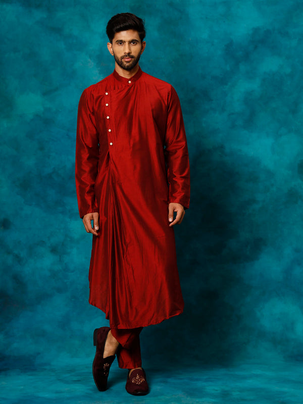 Jashvi Men's Maroon Pleated Kurta