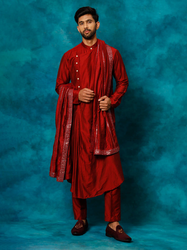 Jashvi Men's Maroon Pleated Kurta Pant With Dupatta Set