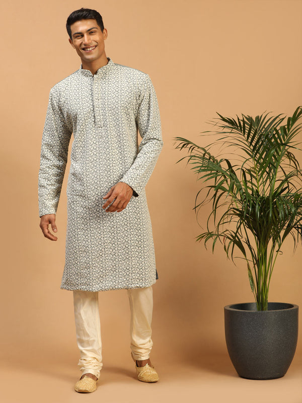 Jashvi Men's Grey Ethnic Chikankari Kurta Pyjama Set