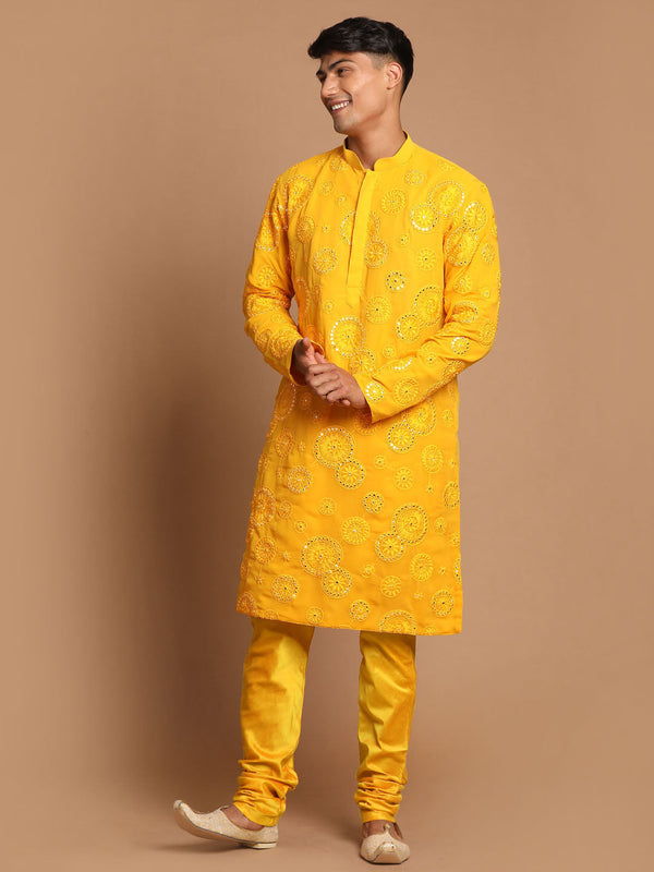 Jashvi Men's Yellow Embroidered Kurta Pyjama Set