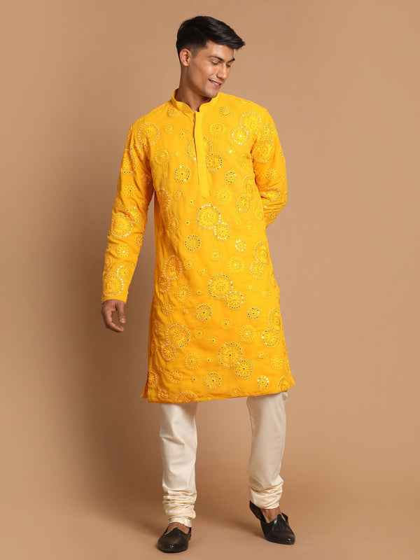 Jashvi Men's Yellow Embroidered Kurta Pyjama Set