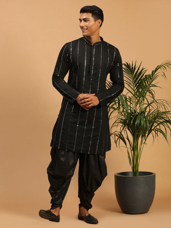 Jashvi Men's Black Mirror Kurta Dhoti Set