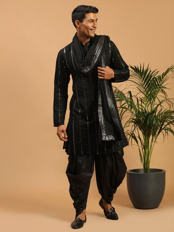 Jashvi Men's Black Mirror Kurta Dhoti And Dupatta Set