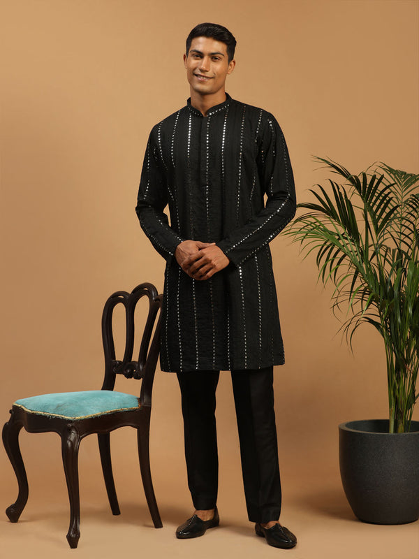 Jashvi Men's Black Mirror Kurta Pant Set