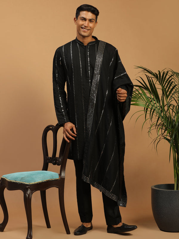 Jashvi Men's Black Mirror Kurta Pant And Dupatta set