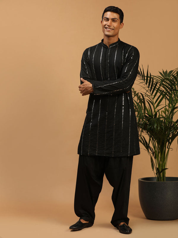 Jashvi Men's Black Mirror Kurta With Patiala Set