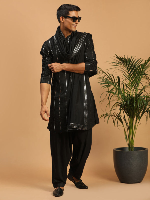 Jashvi Men's Black Mirror Kurta Patiala And Dupatta Set