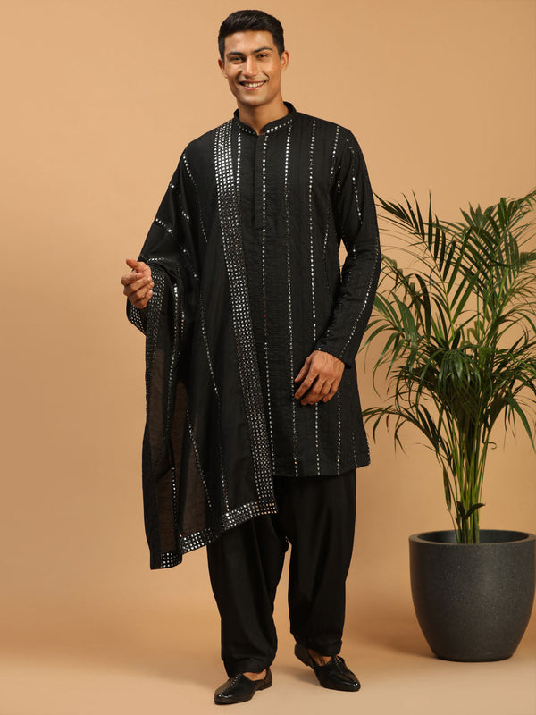 Jashvi Men's Black Mirror Kurta With Patiala And Dupatta set