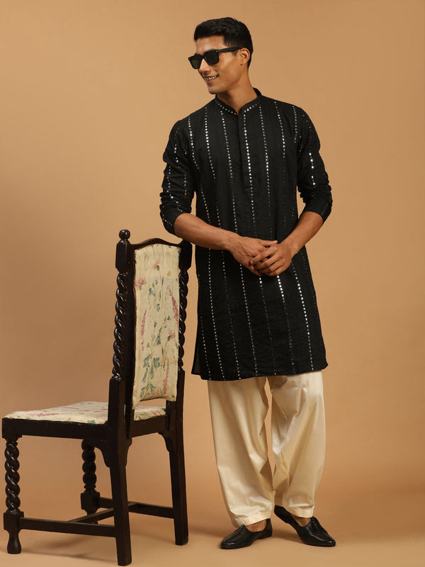 Jashvi Men's Black Mirror Kurta With Patiala Set