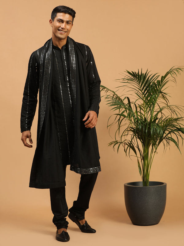 Jashvi Men's Black Mirror Kurta Pyjama And Dupatta Set