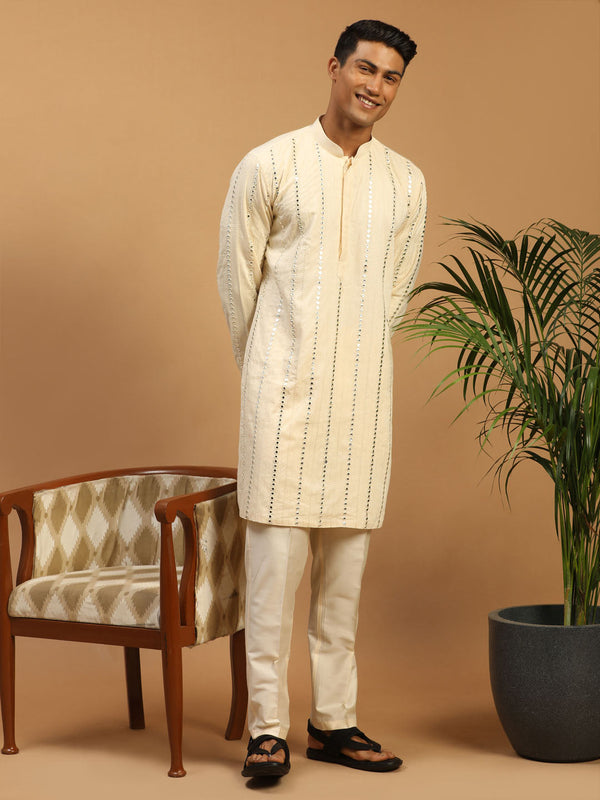 Jashvi Men's Cream Mirror Kurta Pant Set