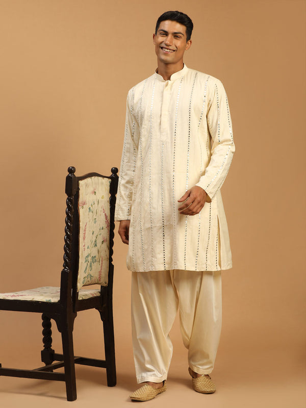 Jashvi Men's Cream Mirror Kurta With Patiala Set