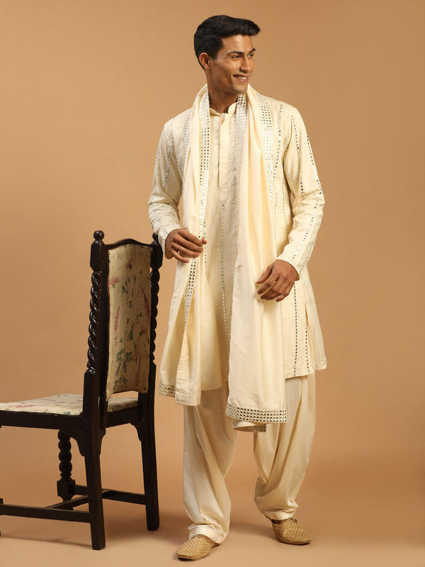 Jashvi Men's Cream Mirror Kurta Patiala And Dupatta Set